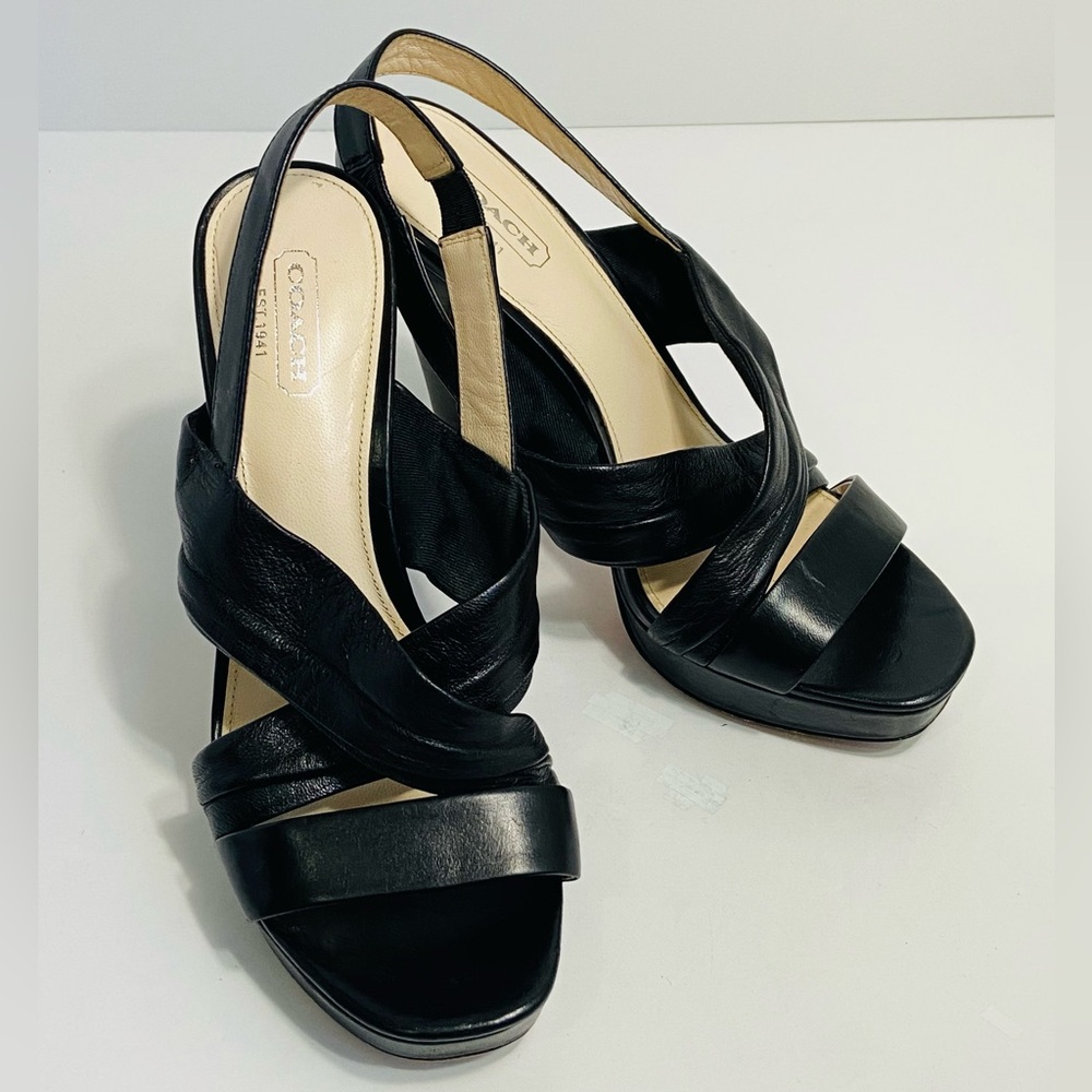 Coach ‘Astor’ Black Soft Leather Strappy Slingback Heel Sandal Open Toe Size 6.5